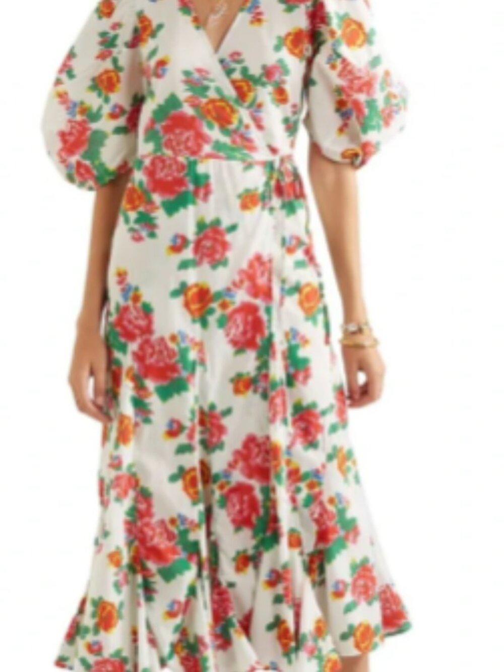 ✨ NWT RHODE "Fiona" White Dazzle Floral Puff Sleeve Wrap Midi Dress Size L ✨